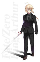 Rule 34 | 1girl, ahoge, androgynous, artoria pendragon (all), artoria pendragon (fate), azu, black gloves, blonde hair, excalibur (fate/stay night), fate/zero, fate (series), female focus, formal, gloves, green eyes, highres, long hair, pant suit, pants, ponytail, reverse trap, saber (fate), solo, suit
