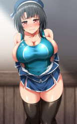 Rule 34 | 1girl, absurdres, aqua one-piece swimsuit, beret, black hair, black thighhighs, blue hat, blue skirt, blush, breasts, collarbone, competition swimsuit, embarrassed, hat, highres, huge breasts, kantai collection, military uniform, miniskirt, one-piece swimsuit, red eyes, short hair, sideboob, skirt, solo, standing, sweatdrop, swimsuit, takao (kancolle), thighhighs, undressing, uniform, zanntetu