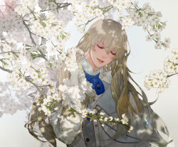 Rule 34 | 1boy, blonde hair, branch, closed eyes, dappled sunlight, fate/grand order, fate (series), flower, focal, gloves, hair between eyes, hand in own hair, highres, kirschtaria wodime, long hair, long sleeves, male focus, parted lips, shadow, side cape, sunlight, white flower, white gloves