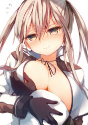 Rule 34 | 10s, 1girl, blonde hair, blush, breast lift, breasts, brown eyes, capelet, cleavage, commentary request, female focus, flying sweatdrops, gloves, graf zeppelin (kancolle), hair between eyes, hat, unworn hat, unworn headwear, kantai collection, large breasts, long hair, looking at viewer, peaked cap, sidelocks, simple background, solo, sune (mugendai), suneo, tsurime, twintails, uniform, upper body, white background