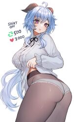 Rule 34 | 1girl, absurdres, ahoge, alternate costume, ass, black ribbon, blue hair, breasts, closed mouth, commentary request, cowboy shot, ganyu (genshin impact), genshin impact, grey pantyhose, hair between eyes, highres, horns, large breasts, long hair, long sleeves, looking at viewer, meme, neck ribbon, nemuaki, panties, panties under pantyhose, pantyhose, purple eyes, ribbon, shirt, simple background, solo, standing, thighs, twitter strip game (meme), underwear, very long hair, wedgie, white background, white shirt