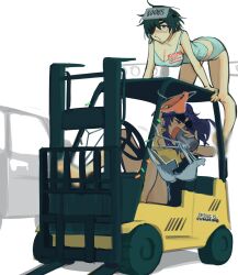 Rule 34 | 2girls, beer can, black hair, blush, breasts, can, chainsaw man, cleavage, closed eyes, clothes hanger, drink can, drooling, drunk, eyepatch, eyewear on head, forklift, grey panties, grey tank top, highres, himeno (chainsaw man), holding, holding can, katsuragi misato, large breasts, leaning forward, liowig, looking to the side, medium hair, mouth drool, multiple girls, neon genesis evangelion, open mouth, panties, purple hair, short hair, smile, sunglasses, tank top, underwear, yellow tank top