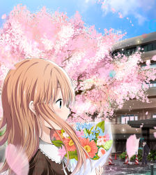 Rule 34 | 1boy, 1girl, blonde hair, blue eyes, blush, bouquet, building, cherry blossoms, cloud, day, falling petals, flower, flower request, from side, hat, holding, holding bouquet, jacket, long hair, looking at another, original, outdoors, pants, petals, porch, ragho no erika, ribbon, solo focus, traffic cone, tree, upper body, white ribbon, wind, window