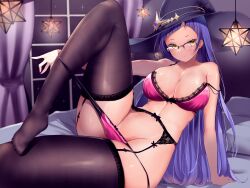 Rule 34 | 1girl, absurdres, arm support, bed, bedroom, black hat, black thighhighs, blue hair, bra, breasts, diagonal bangs, garter belt, gradient hair, hat, highres, indoors, kairi (miry666), lace, lace-trimmed bra, lace trim, large breasts, lights, long hair, looking at viewer, multicolored hair, original, panties, panty pull, pink bra, pink panties, purple hair, solo, stomach, strap slip, thighhighs, thighs, underwear, very long hair, witch, witch hat, yellow eyes