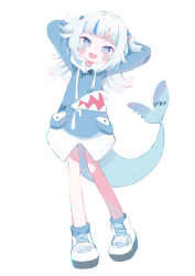 Rule 34 | 1girl, :d, absurdres, arms behind head, arms up, blue hoodie, blush, fins, fish tail, gaogao (gaogaomegu), gawr gura, gawr gura (1st costume), hair ornament, highres, hololive, hololive english, hood, hoodie, looking at viewer, multicolored hair, open mouth, pastel colors, shark girl, shark hair ornament, shark tail, simple background, smile, solo, streaked hair, tail, virtual youtuber, white background, white hair