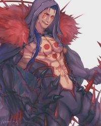 Rule 34 | 1boy, abs, black gloves, black pants, blue hair, bodypaint, bulge, cape, claws, cu chulainn (fate), cu chulainn (fate) (all), cu chulainn (fate/stay night), cu chulainn alter (fate), cu chulainn alter (fate/grand order), cu chulainn alter (third ascension) (fate), dark blue hair, dark persona, detached hood, earrings, elbow gloves, facepaint, fate/grand order, fate (series), fur-trimmed cape, fur trim, gae bolg (fate), gloves, grin, holding, holding polearm, holding weapon, hood, hood up, ibushi, jewelry, lancer, long hair, male focus, muscular, muscular male, navel, open mouth, pants, pectorals, polearm, ponytail, red eyes, sharp teeth, simple background, skin tight, smile, solo, spikes, tail, teeth, topless male, twitter username, weapon