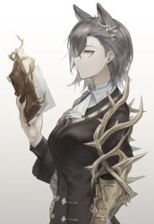 Rule 34 | 1girl, aiv, animal ears, arknights, ascot, black coat, book, breasts, brown hair, coat, collared shirt, extra ears, holding, holding book, layered sleeves, long hair, looking at viewer, medium breasts, open book, penance (arknights), profile, shirt, sideways glance, simple background, solo, upper body, white ascot, white background, white shirt, wolf ears, wolf girl, yellow eyes