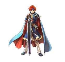 Rule 34 | 1boy, armor, bad id, bad twitter id, blue armor, blue eyes, cape, cosplay, eliwood (fire emblem), eliwood (fire emblem) (cosplay), fire emblem, fire emblem: the blazing blade, fire emblem heroes, full body, looking at viewer, male focus, nintendo, official alternate costume, official art, red hair, roy (fire emblem), short hair, smile, standing, sword, wada sachiko, weapon