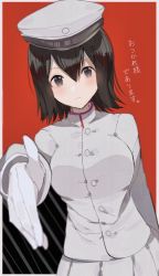 Rule 34 | 1girl, akitsu maru (kancolle), black eyes, black hair, breasts, dutch angle, gloves, grey skirt, hat, highres, kantai collection, large breasts, looking at viewer, military, military uniform, pale skin, peaked cap, pleated skirt, qqqmei, red background, short hair, simple background, skirt, solo, uniform, white gloves