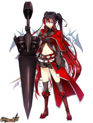 Rule 34 | &gt;:(, 1girl, armor, belt, black gloves, black hair, blue eyes, capelet, chaigidhiell, character request, copyright name, end breaker!, frown, full body, gloves, gradient hair, greaves, high collar, long hair, long sleeves, looking at viewer, midriff, military, military uniform, multicolored hair, navel, red hair, short shorts, shorts, solo, sword, tsurime, twintails, two side up, uniform, v-shaped eyebrows, very long hair, weapon