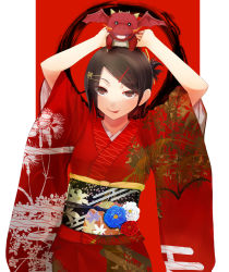 Rule 34 | 10s, 1girl, 2012, :p, animal, animal on head, arms up, black hair, brown eyes, dragon, floral print, flower, furisode, hair ornament, hairclip, hairdressing, hareno chiame, horns, japanese clothes, kimono, looking at viewer, new year, obi, on head, open mouth, original, red background, red theme, sash, short hair, smile, solo, tongue, tongue out, wings