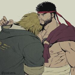 2boys 42nkooon bara bare_pectorals beard black_hair blonde_hair commentary facial_hair full_beard headband hood hood_down hooded_jacket jacket ken_masters large_pectorals male_focus multiple_boys muscular muscular_male nipples o-ring pectorals red_headband ryu_(street_fighter) short_hair simple_background street_fighter street_fighter_6 tamami twitter_username upper_body