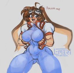 Rule 34 | 1girl, abs, animal ears, blue bodysuit, blush, bodysuit, breasts, brown eyes, brown hair, covered erect nipples, curvy, eyelashes, fat mons, fingerless gloves, gloves, goggles, goggles on head, jacket, large breasts, leotard, long eare, looking at viewer, makihara arina, muscular, muscular female, open clothes, open jacket, open mouth, puffy short sleeves, puffy sleeves, rabbit ears, short hair, short sleeves, simple background, skin tight, smile, solo, teeth, thick thighs, thighs, toned, tongue, waku waku 7, white background, wide hips, zer0ember
