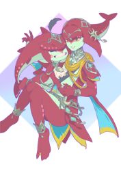 Rule 34 | 1boy, 1girl, barefoot, brother and sister, child, colored skin, fins, fish boy, fish girl, green background, grin, hair ornament, highres, ivy (sena0119), jewelry, long hair, mipha, monster boy, monster girl, multicolored skin, nintendo, no eyebrows, orange eyes, pointy ears, red hair, red skin, sharp teeth, siblings, sidon, smile, teeth, the legend of zelda, the legend of zelda: breath of the wild, white background, zora