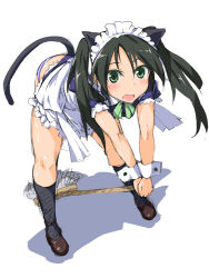 Rule 34 | 1girl, apron, bent over, black hair, black socks, blush, broom, fang, francesca lucchini, green eyes, kneehighs, kuronyan, long hair, looking at viewer, maid, maid apron, maid headdress, open mouth, panties, shiny skin, simple background, socks, solo, strike witches, striped clothes, striped panties, tail, twintails, underwear, white background, world witches series, wrist cuffs