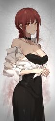 Rule 34 | 1girl, absurdres, black choker, black dress, braid, braided ponytail, breasts, chainsaw man, choker, cleavage, collarbone, dress, feint721, highres, leather choker, looking at viewer, makima (chainsaw man), medium breasts, own hands together, ponytail, red eyes, ringed eyes, shirt, sidelocks, smile, solo, taut clothes, taut dress, white shirt