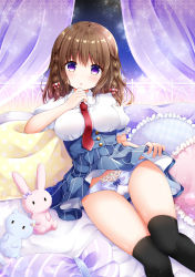 Rule 34 | 1girl, :o, black thighhighs, blue panties, blue skirt, blush, bow, bow panties, braid, breasts, brown hair, cameltoe, clothes lift, collared shirt, commentary request, curtains, feet out of frame, frilled pillow, frilled shirt collar, frills, gluteal fold, hair between eyes, lifting own clothes, looking at viewer, medium breasts, murasaki (murasakiiro no yoru), necktie, original, panties, parted lips, pillow, pleated skirt, puffy short sleeves, puffy sleeves, purple eyes, red necktie, shirt, short sleeves, skirt, skirt lift, solo, stuffed animal, stuffed rabbit, stuffed toy, thigh gap, thighhighs, transparent, twin braids, underwear, white shirt