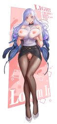 Rule 34 | 1girl, azur lane, bare shoulders, belfast (azur lane), belt, black jacket, black skirt, blush, bra, bracelet, braid, breast hold, breasts, brown pantyhose, chain, character name, closed mouth, collar, contemporary, covered erect nipples, earrings, female pubic hair, french braid, full body, hand in own hair, high heels, highres, hoop earrings, jacket, jewelry, lace, lace-trimmed bra, lace trim, large breasts, licking lips, long hair, looking at viewer, nail polish, necklace, off shoulder, open clothes, open jacket, pantyhose, pubic hair, purple eyes, pussy, revision, see-through, shirt, silver hair, skirt, sleeveless, smile, solo, swept bangs, tongue, tongue out, torn clothes, torn pantyhose, tsuki no i-min, underwear, white shirt, zipper