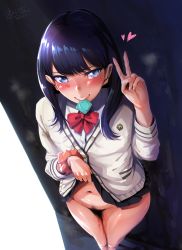 Rule 34 | 10s, 1girl, absurdres, bad id, bad pixiv id, black hair, black skirt, blue eyes, blush, cardigan, clothes lift, collared shirt, condom, condom in mouth, condom wrapper, dress shirt, dutch angle, excessive pubic hair, female pubic hair, foreshortening, gridman universe, heart, hero neisan, highres, lifted by self, long hair, long sleeves, looking at viewer, miniskirt, mouth hold, navel, no panties, nose blush, pleated skirt, pubic hair, pussy juice, school uniform, scrunchie, shirt, skirt, skirt lift, solo, ssss.gridman, takarada rikka, v, white shirt, wrist scrunchie