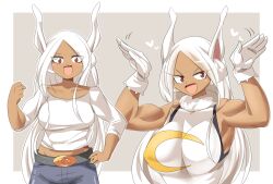 Rule 34 | 1girl, animal ears, belt, black belt, boku no hero academia, breasts, brown eyes, commentary request, dark-skinned female, dark skin, gloves, grey background, large breasts, leotard, lets0020, long hair, long sleeves, looking at viewer, mirko, muscular, muscular female, open mouth, parted bangs, rabbit ears, rabbit girl, rabbit pose, shirt, smile, t-shirt, upper body, v-shaped eyebrows, white gloves, white hair, white leotard, white shirt