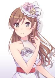Rule 34 | 1girl, ayasaka, bang dream!, black eyes, braid, brown hair, commentary request, corsage, dress, flower, hair flower, hair ornament, halter dress, halterneck, hand in own hair, hat, hat flower, hat ribbon, imai lisa, jewelry, long hair, looking at viewer, necklace, parted lips, pearl necklace, pink flower, pink rose, ribbon, rose, sash, solo, upper body, wedding dress, white dress, white flower, white ribbon, white rose, yellow flower, yellow rose