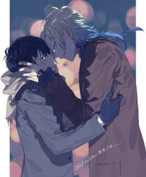 Rule 34 | 2boys, absurdres, blonde hair, blue eyes, blue hair, blue lock, blue sweater, blush, brown jacket, brown scarf, closed eyes, closed mouth, cowboy shot, gradient hair, grey jacket, grin, hand tattoo, hands on another&#039;s face, highres, isagi yoichi, jacket, long hair, long sleeves, male focus, michael kaiser, multicolored hair, multiple boys, profile, scarf, short hair, sleeves past wrists, smile, sohu, standing, sweater, tattoo, two-tone hair, wavy mouth, yaoi