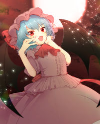 Rule 34 | 1girl, aoi (annbi), ascot, bat wings, commentary request, fang, hands on own face, hat, hat ribbon, highres, light purple hair, mob cap, moon, nail polish, open mouth, partial commentary, red ascot, red eyes, red moon, red nails, remilia scarlet, ribbon, skin fang, skirt, skirt set, solo, touhou, wings
