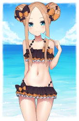 Rule 34 | 1girl, abigail williams (emerald float) (fate), abigail williams (fate), bad id, bad pixiv id, bare arms, bare shoulders, bikini, black bikini, black bow, blonde hair, blue sky, blurry, bow, closed mouth, cloud, commentary request, coraman, day, double bun, emerald float, fate/grand order, fate (series), food, gluteal fold, hair bow, hair bun, hand up, highres, holding, holding food, horizon, long hair, navel, ocean, official alternate costume, orange bow, outdoors, parted bangs, polka dot, polka dot bow, popsicle, side bun, sidelocks, sky, smile, solo, swimsuit, thigh gap, water