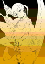 Rule 34 | 00s, 1boy, 1girl, head tilt, holding, holding weapon, long sleeves, looking at viewer, maka albarn, mizuki makoto, monochrome, pleated skirt, polearm, reflection, scythe, skirt, solo focus, soul eater, soul evans, twintails, weapon, wrist cuffs, yellow theme
