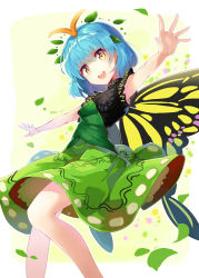 Rule 34 | 1girl, :d, absurdres, antennae, blue hair, breasts, butterfly wings, closed mouth, commentary request, cowboy shot, dress, eternity larva, falken (yutozin), fingernails, green dress, hair between eyes, hair ornament, hands up, head tilt, highres, insect wings, leaf hair ornament, leg up, looking at viewer, open mouth, outstretched arms, patterned clothing, petals, print dress, short hair, skirt, skirt set, sleeveless, sleeveless dress, smile, solo, standing, standing on one leg, teeth, touhou, turtleneck, upper teeth only, wings, yellow eyes