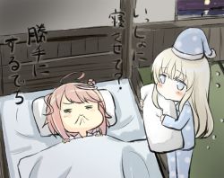Rule 34 | 10s, 2girls, ahoge, alternate costume, blonde hair, brown hair, commentary request, engiyoshi, closed eyes, grimace, hair ornament, holding, holding pillow, i-58 (kancolle), kantai collection, long hair, long sleeves, multiple girls, pajamas, pillow, short hair, u-511 (kancolle), under covers
