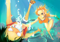 Rule 34 | 1boy, 1girl, air bubble, asphyxiation, bangle, barefoot, bracelet, breath, brown eyes, bubble, drowning, fish, foreshortening, freediving, himerinco, holding breath, jewelry, log pose, monkey d. luffy, nami (one piece), one piece, orange hair, sandals, scar, short shorts, shorts, swimming, underwater, upside-down, water