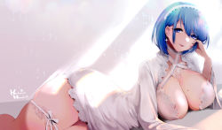 Rule 34 | 1girl, artist name, azur lane, blue eyes, blue hair, breasts, chapayev (azur lane), chapayev (white cavalier&#039;s respite) (azur lane), cleavage, curvy, earrings, hachimitsu hinako, hairband, jewelry, large breasts, looking at viewer, mole, mole on breast, nightgown, official alternate costume, short hair, solo, thick thighs, thigh strap, thighs, white hairband, wide hips