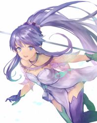 Rule 34 | 1girl, asymmetrical gloves, bare shoulders, blue eyes, blue hair, breasts, collarbone, dress, fate/grand order, fate (series), gloves, green gloves, highres, kouzuki kei, long hair, looking at viewer, medea (fate), medea (lily) (fate), mismatched gloves, open mouth, parted bangs, pointy ears, ponytail, purple dress, purple gloves, sidelocks, small breasts, smile, solo, staff, strapless, strapless dress, thighs, white background
