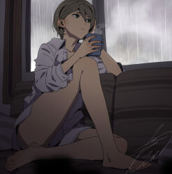 Rule 34 | 1girl, arm support, bare legs, barefoot, brown hair, character request, check character, check copyright, closed mouth, copyright request, couch, cup, feet, full body, grey eyes, grey shirt, grey sky, hair between eyes, hands up, highres, holding, holding cup, indoors, knee up, kobayashi gen, legs, long legs, mug, no pants, on couch, oversized clothes, oversized shirt, rain, school girl strikers, shirt, short hair, signature, sitting, sky, solo, steam, thighs, toenails, toes, window, yukishiro mari