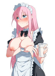 Rule 34 | 1girl, alternate costume, apron, aqua eyes, black bow, black bowtie, black dress, blush, bocchi the rock!, bow, bowtie, breast milk, breasts, chubb, closed mouth, collarbone, covering privates, covering breasts, cube hair ornament, cup, detached collar, detached sleeves, dress, enmaided, fingernails, frilled apron, frilled headwear, frills, gotoh hitori, hair ornament, highres, holding, holding cup, inverted nipples, lactation, large breasts, long hair, looking to the side, maid, maid headdress, nipples, one side up, pink hair, short sleeves, simple background, solo, sweatdrop, white apron, white background, white headwear
