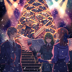 Rule 34 | 2boys, 3girls, angel, angel wings, animal ears, arm up, bad id, bad pixiv id, bell, black hair, blue bow, blue eyes, bow, bracelet, braid, breasts, brown hair, christmas tree, cleavage, closed eyes, clutch2130, coat, copyright name, cup, dress, drinking glass, elbow gloves, facing another, facing viewer, formal, gloves, green coat, green hair, green neckwear, grey skirt, grey suit, grey vest, hair bow, highres, holding, holding cup, holding microphone, instrument, jewelry, kerberos blade, keytar, long hair, long sleeves, medium hair, microphone, multiple boys, multiple girls, necktie, night, night sky, official art, ornament, pointy ears, red dress, ribbed sweater, ribbon, silver hair, skirt, sky, snowing, stairs, standing, striped neckwear, suit, sweatdrop, sweater, twin braids, vest, wine glass, wings, yellow ribbon