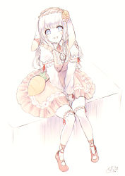 Rule 34 | 1girl, animal ears, bag, between legs, blue eyes, blush, brown dress, center frills, chita (ketchup), collared shirt, commentary request, dress, flower, frills, hair flower, hair ornament, hairband, hand between legs, highres, juliet sleeves, long hair, long sleeves, looking at viewer, neck ribbon, open mouth, original, pocket watch, puffy sleeves, rabbit ears, red footwear, red ribbon, ribbon, rose, shirt, shoes, shoulder bag, signature, silver hair, sitting, sleeveless, sleeveless dress, solo, thick eyebrows, thighhighs, very long hair, watch, white background, white shirt, white thighhighs, yellow flower, yellow rose