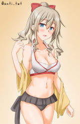 Rule 34 | 1girl, adapted costume, anti (untea9), bikini, blue eyes, breasts, brown hair, collarbone, commentary request, cowboy shot, drill hair, gradient background, hair between eyes, hair ornament, hair ribbon, hatakaze (kancolle), highres, kantai collection, looking at viewer, medium breasts, mismatched bikini, navel, orange background, ponytail, red ribbon, ribbon, robe, solo, standing, swimsuit, yellow robe