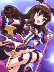 Rule 34 | 1girl, :d, bare shoulders, blue eyes, blush, breasts, brown hair, center frills, dress, fang, frills, hairband, hand up, highres, holding, holding microphone stand, idol clothes, ikzw, kurosu aroma, long hair, looking at viewer, microphone stand, open mouth, pretty series, pripara, purple dress, skin fang, sleeveless, sleeveless dress, small breasts, smile, solo, standing, winged hairband