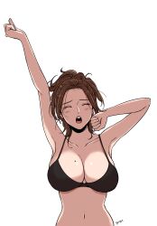 Rule 34 | 1girl, absurdres, arm up, artist name, beautiful gunbari, black bra, bra, breasts, brown hair, cleavage, clenched hands, gugu (pixiv63055428), highres, jung su-a, large breasts, medium hair, mole, mole on breast, navel, simple background, underwear, upper body, white background, yawning