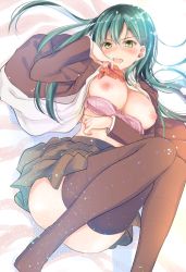 Rule 34 | 10s, 1girl, aqua eyes, aqua hair, blazer, blush, bra, bra pull, breasts, breasts out, brown skirt, brown thighhighs, clothes pull, convenient censoring, convenient leg, green hair, hair ornament, hairclip, jacket, kantai collection, long hair, long sleeves, looking at viewer, lying, medium breasts, nipples, no panties, on back, open clothes, open mouth, pink bra, pleated skirt, school uniform, skirt, smile, solo, suzuya (kancolle), teeth, thighhighs, underwear, yu yu