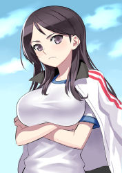 Rule 34 | 1girl, black hair, breast hold, breasts, brown eyes, crossed arms, frown, fukiyose seiri, gym uniform, jacket, jacket on shoulders, k+, large breasts, shirt, solo, taut clothes, taut shirt, toaru majutsu no index, toaru majutsu no index: old testament