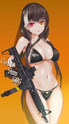 Rule 34 | 1girl, absurdres, bad id, bad pixiv id, bikini, black bikini, black hair, blush, breasts, cleavage, collarbone, colt 9mm smg, franz (217franz), girls&#039; frontline, gradient background, gun, heterochromia, highres, large breasts, looking at viewer, multicolored hair, orange background, orange eyes, parted lips, red eyes, ro635 (girls&#039; frontline), shadow, shiny clothes, solo, standing, strap, streaked hair, submachine gun, swimsuit, trigger discipline, weapon