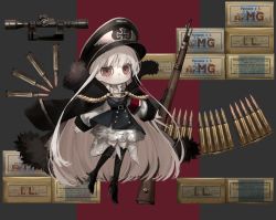 Rule 34 | 1girl, armband, belt, black coat, black footwear, black hat, black jacket, boots, breasts, bullet, buttons, chibi, cleavage, closed mouth, coat, coat on shoulders, cross, double-breasted, fold-over boots, girls&#039; frontline, gun, hat, high heel boots, high heels, iron cross, jacket, kar98k (girls&#039; frontline), long hair, long sleeves, looking at viewer, narue, peaked cap, petticoat, red eyes, rifle, scope, solo, very long hair, weapon, white hair
