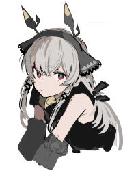 Rule 34 | 1girl, arknights, bare shoulders, black shirt, black sleeves, cropped arms, cropped torso, detached sleeves, grey hair, hair tubes, headgear, highres, long hair, looking at viewer, red eyes, shirt, simple background, sketch, sleeveless, sleeveless shirt, solo, tetuw, upper body, weedy (arknights), white background