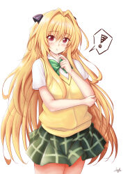 ! 1girl 2024 arm_under_breasts blonde_hair blush bow bowtie collared_shirt commentary_request cowboy_shot dated_commentary eyes_visible_through_hair green_bow green_bowtie green_skirt hair_between_eyes hair_intakes hand_up highres inaka_pan index_finger_raised konjiki_no_yami long_hair looking_at_viewer miniskirt parted_lips plaid_clothes plaid_skirt pleated_skirt red_eyes sainan_high_school_uniform school_uniform shirt short_sleeves sidelocks signature simple_background skirt solo speech_bubble spoken_exclamation_mark surprised sweater_vest to_love-ru to_love-ru_darkness very_long_hair white_background white_shirt yellow_sweater_vest