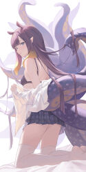 Rule 34 | 1girl, absurdres, bare shoulders, blue eyes, blunt bangs, blurry, blurry background, blush, bra, closed mouth, feet out of frame, gradient hair, hair over shoulder, highres, hololive, hololive english, kneeling, long hair, looking at viewer, looking back, midori xu, multicolored hair, ninomae ina&#039;nis, off shoulder, open clothes, open shirt, plaid, plaid skirt, purple bra, purple hair, purple skirt, shirt, sidelocks, skirt, smile, solo, tentacles, thighhighs, underwear, virtual youtuber, white background, white shirt, white thighhighs