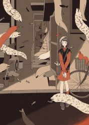 Rule 34 | 1girl, absurdres, animal, bag, bicycle, bicycle basket, black eyes, closed mouth, commentary, door, dress, eel, fish, grey hair, greyscale, highres, huge filesize, long sleeves, looking at viewer, mitsuki sanagi, monochrome, original, red dress, shoes, short hair, shoulder bag, socks, solo, spot color, stairs, standing, sweater vest, v arms, wide shot