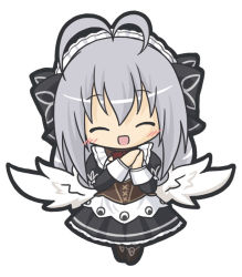 Rule 34 | 1girl, :d, ^ ^, antenna hair, bad id, bad pixiv id, black bow, black dress, blush, bow, brown footwear, character request, chibi, closed eyes, dress, emil chronicle online, closed eyes, facing viewer, full body, hair bow, layered sleeves, long hair, long sleeves, low wings, maid, maid headdress, open mouth, own hands together, puffy short sleeves, puffy sleeves, ri-net, short over long sleeves, short sleeves, silver hair, simple background, smile, solo, standing, very long hair, white background, white wings, wings